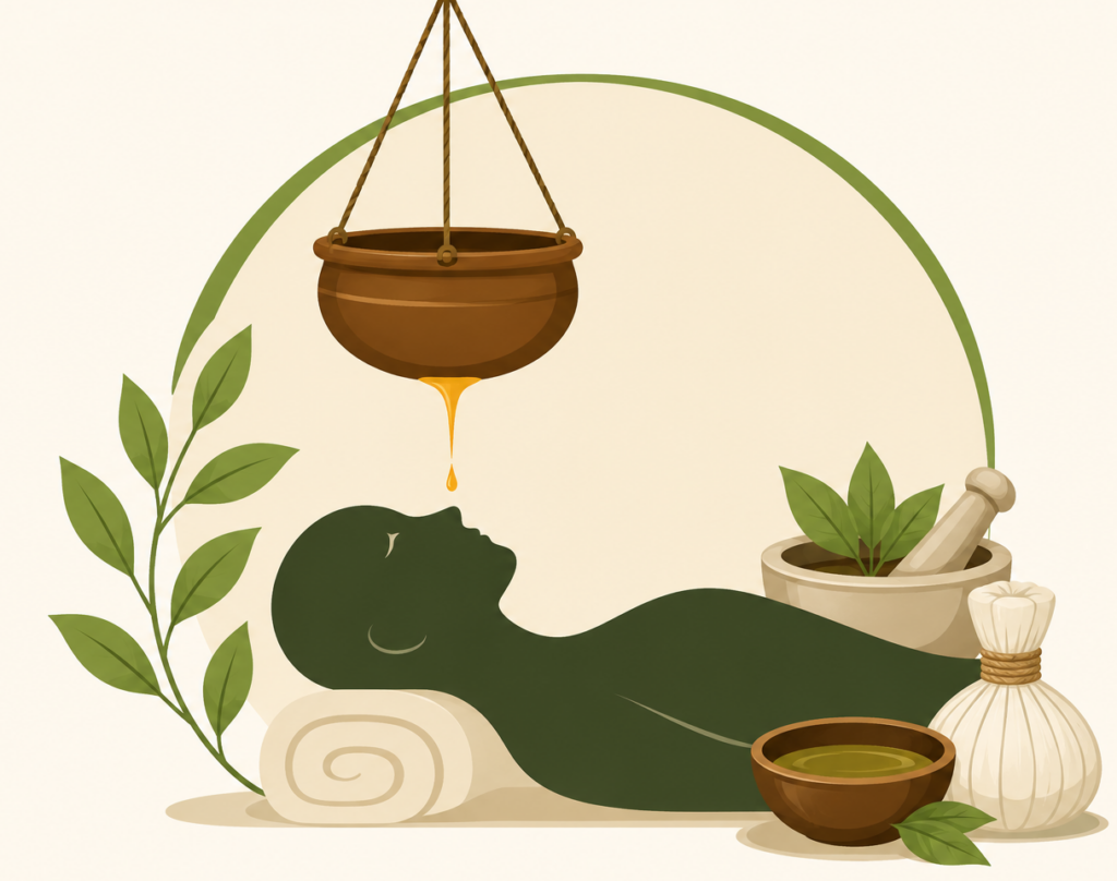 Simple Ayurvedic illustration showing a person receiving Shirodhara oil therapy beneath a hanging brass pot, surrounded by herbal leaves, a mortar and pestle, massage oils, and traditional wellness elements on a soft neutral background.